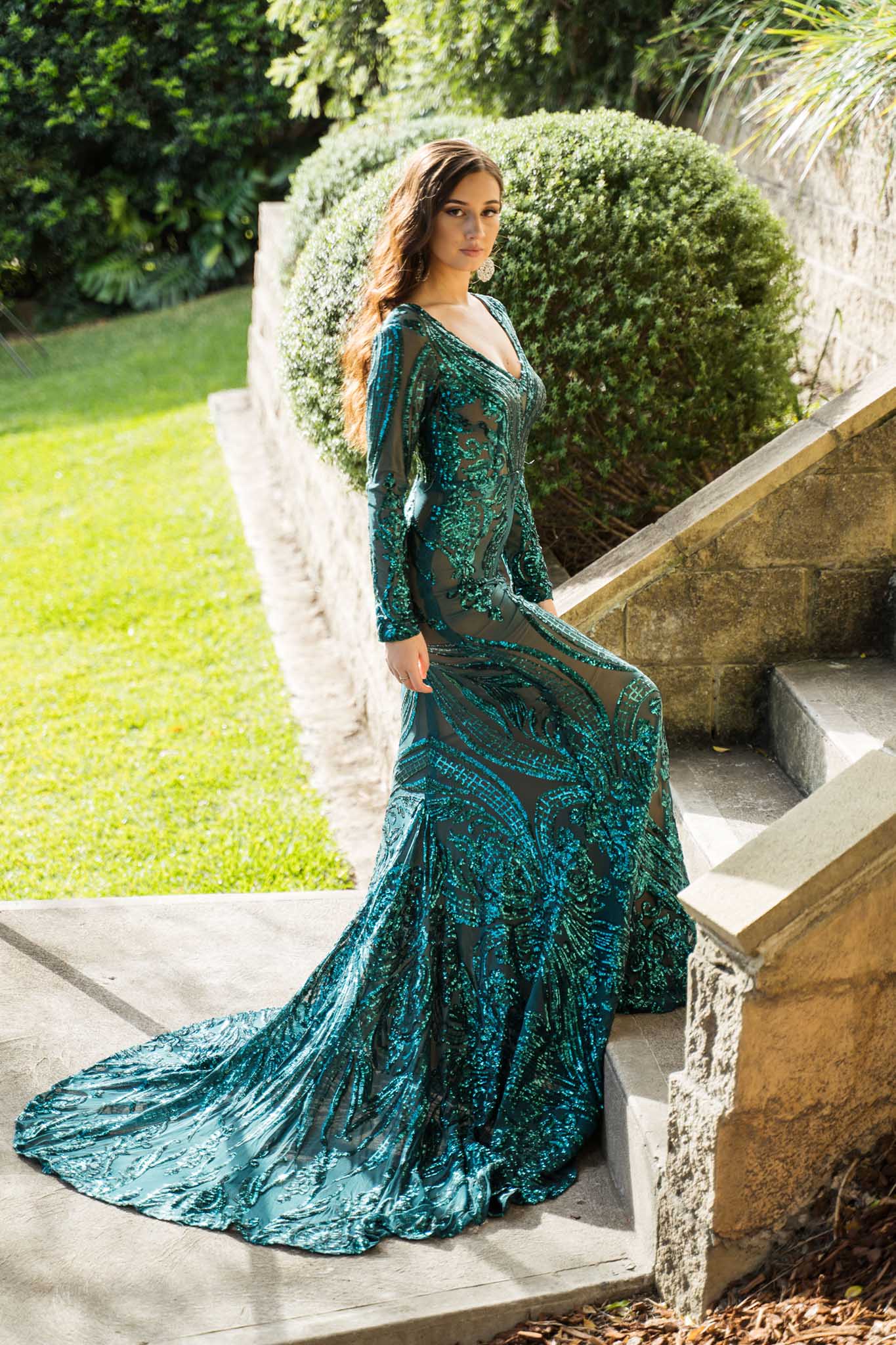 Elena Long-Sleeve Pattern Sequin Gown ...